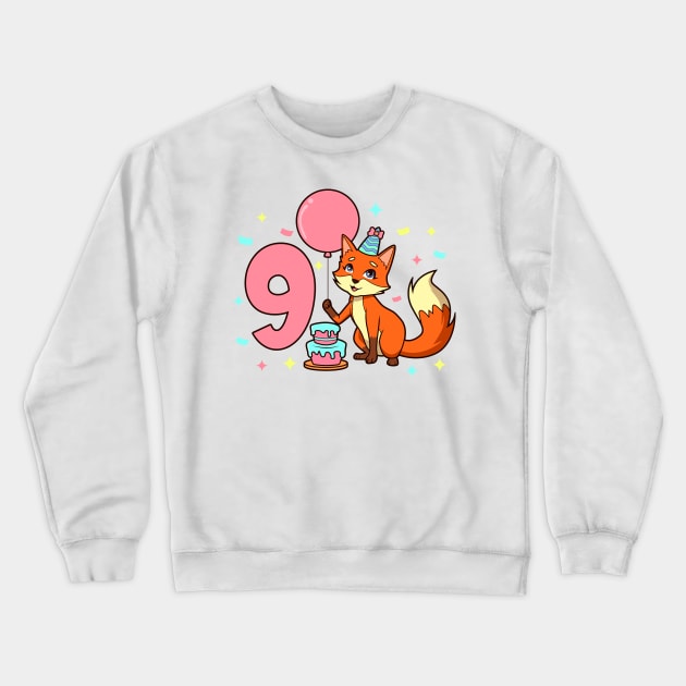 I am 9 with fox - girl birthday 9 years old Crewneck Sweatshirt by Modern Medieval Design